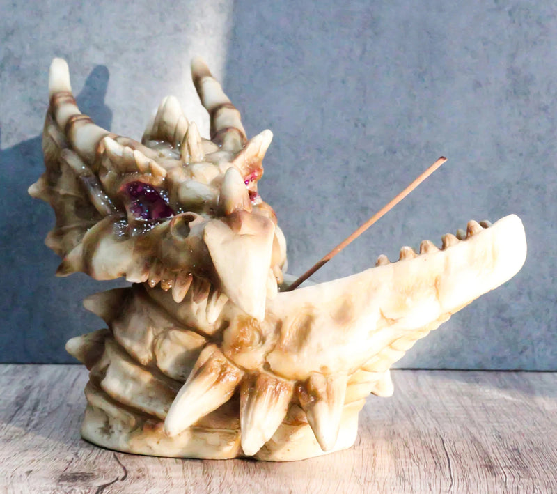 Fossil Dragon Skull Skeleton With Faux Geode Crystal Eyes Incense Burner Box-10