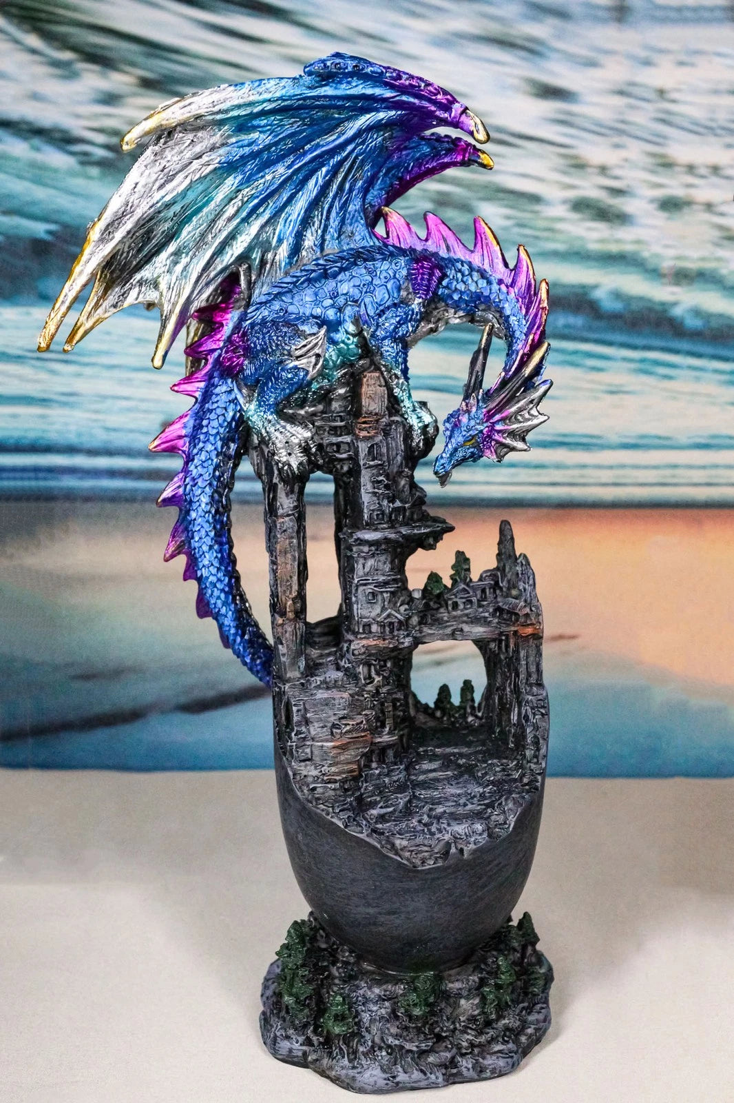 Medieval Blue Dragon Perching On Abandoned Castle Tower Ruins Figurine 12"H-2