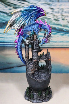 Medieval Blue Dragon Perching On Abandoned Castle Tower Ruins Figurine 12"H-2