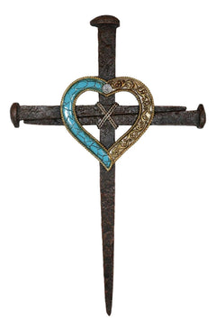 Crucifix Driven Nails with Heart Center Wall Cross Decor Plaque 16.5"H-9