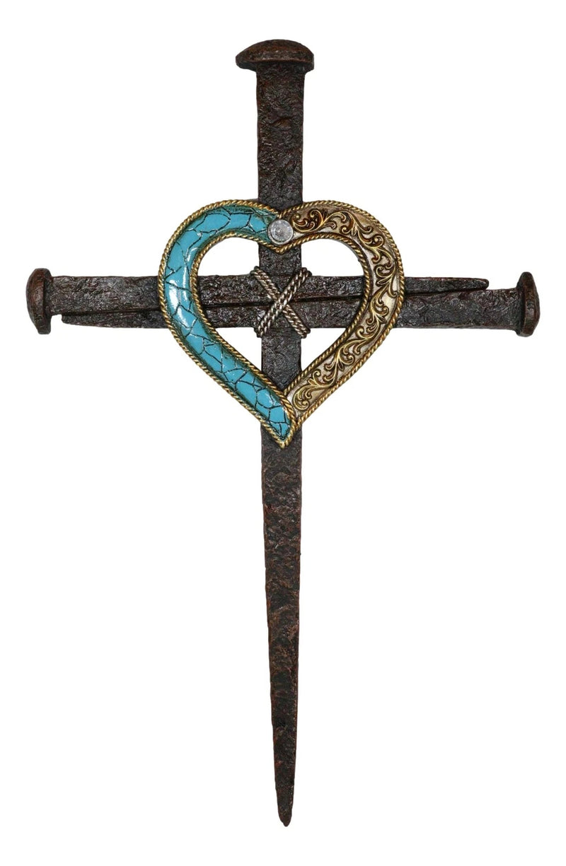 Crucifix Driven Nails with Heart Center Wall Cross Decor Plaque 16.5"H-9