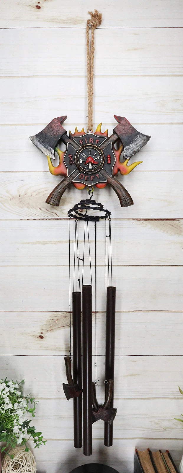 Maltese Cross Crest With Crossed Fire Fighter Axe Fireman Wind Chime Decor-2