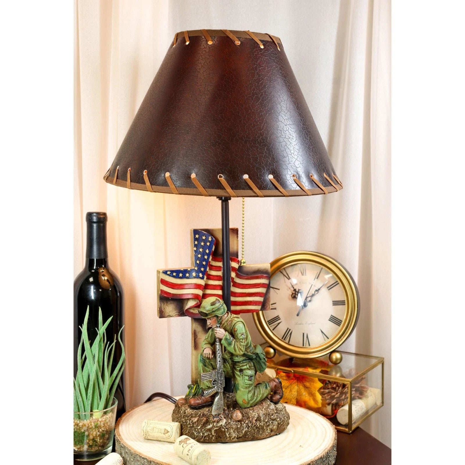 Patriotic Soldier With Rifle Kneeling By American Flag Cross Memorial Table Lamp-1