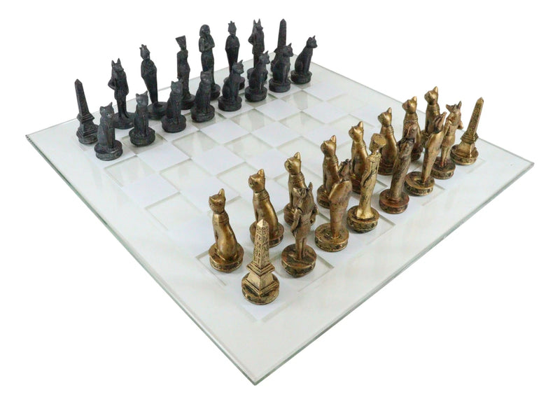Egyptian Gods Monuments King Tut & Nefertiti Chess Pieces Glass Board Set-5