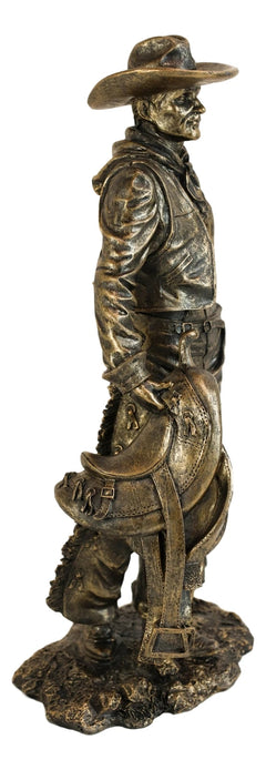 Old World Rustic Western Cowboy Holding Horse Saddle and Rifle Gun Statue 12"H-7