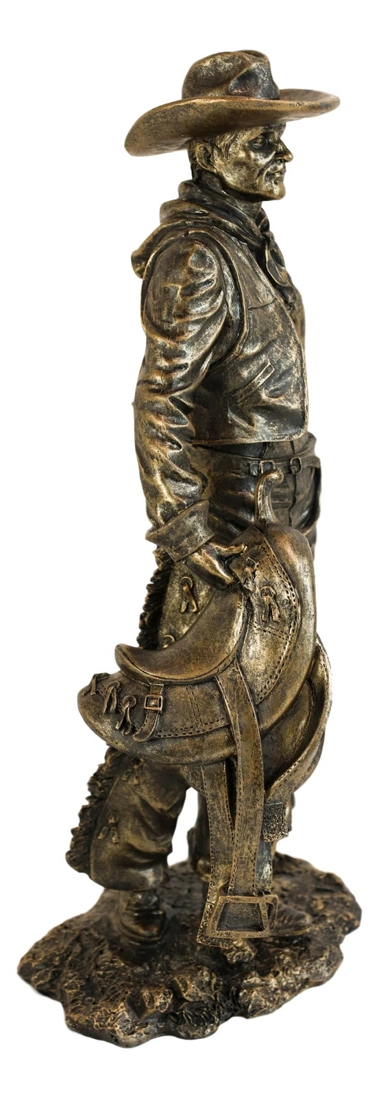 Old World Rustic Western Cowboy Holding Horse Saddle and Rifle Gun Statue 12"H-7