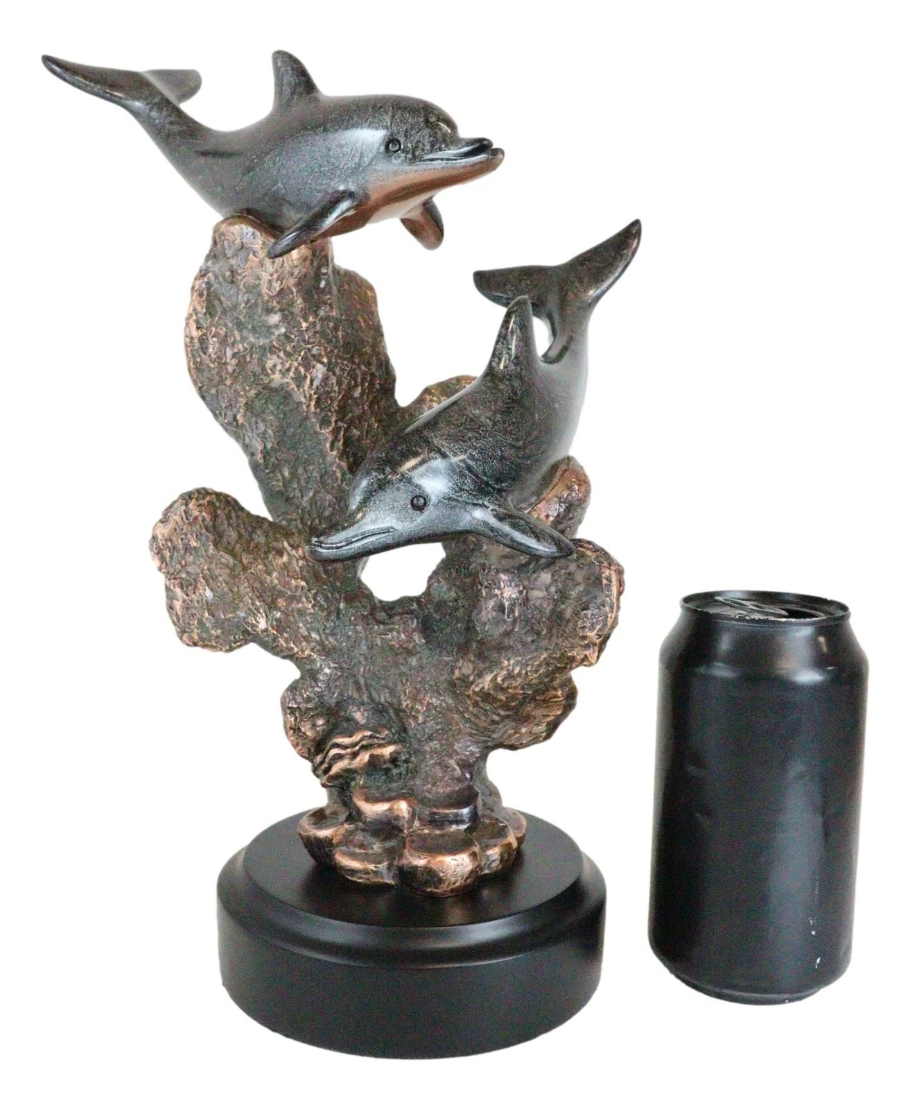 Marine 2 Black Dolphins Swimming by Coral Reef Electroplated Bronze Figurine-7