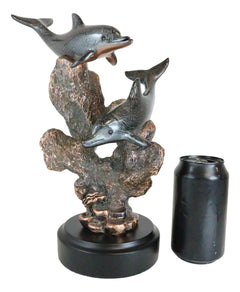 Marine 2 Black Dolphins Swimming by Coral Reef Electroplated Bronze Figurine-7