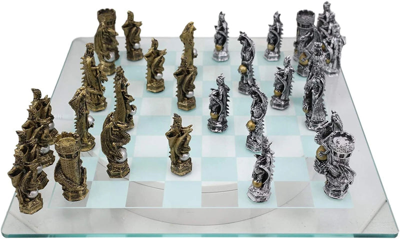 Silver and Gold King Arthur Merlin Dragons Chess Pieces with Board Set-8