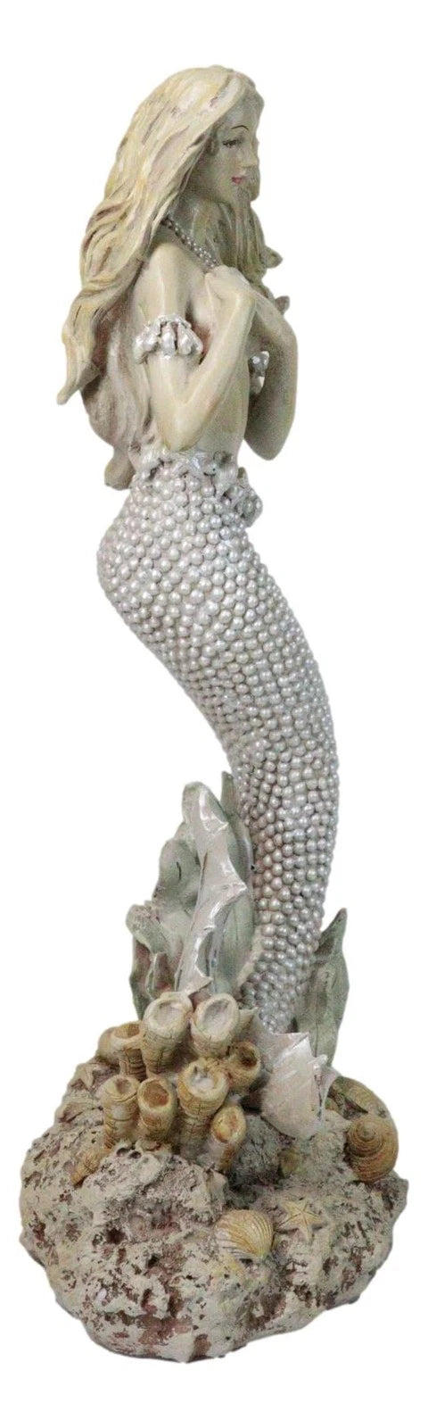 Marine Vintaged Pearly White Ariel Mermaid Sitting On Sea Rock Figurine 16" H-8