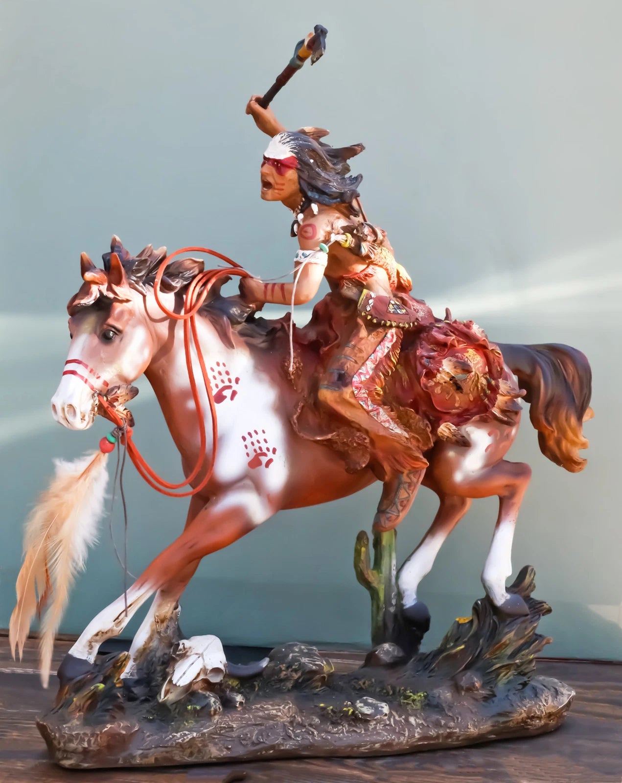 Native Indian Chief Warrior With Hand Axe Charging On Warpath Horse Figurine-8