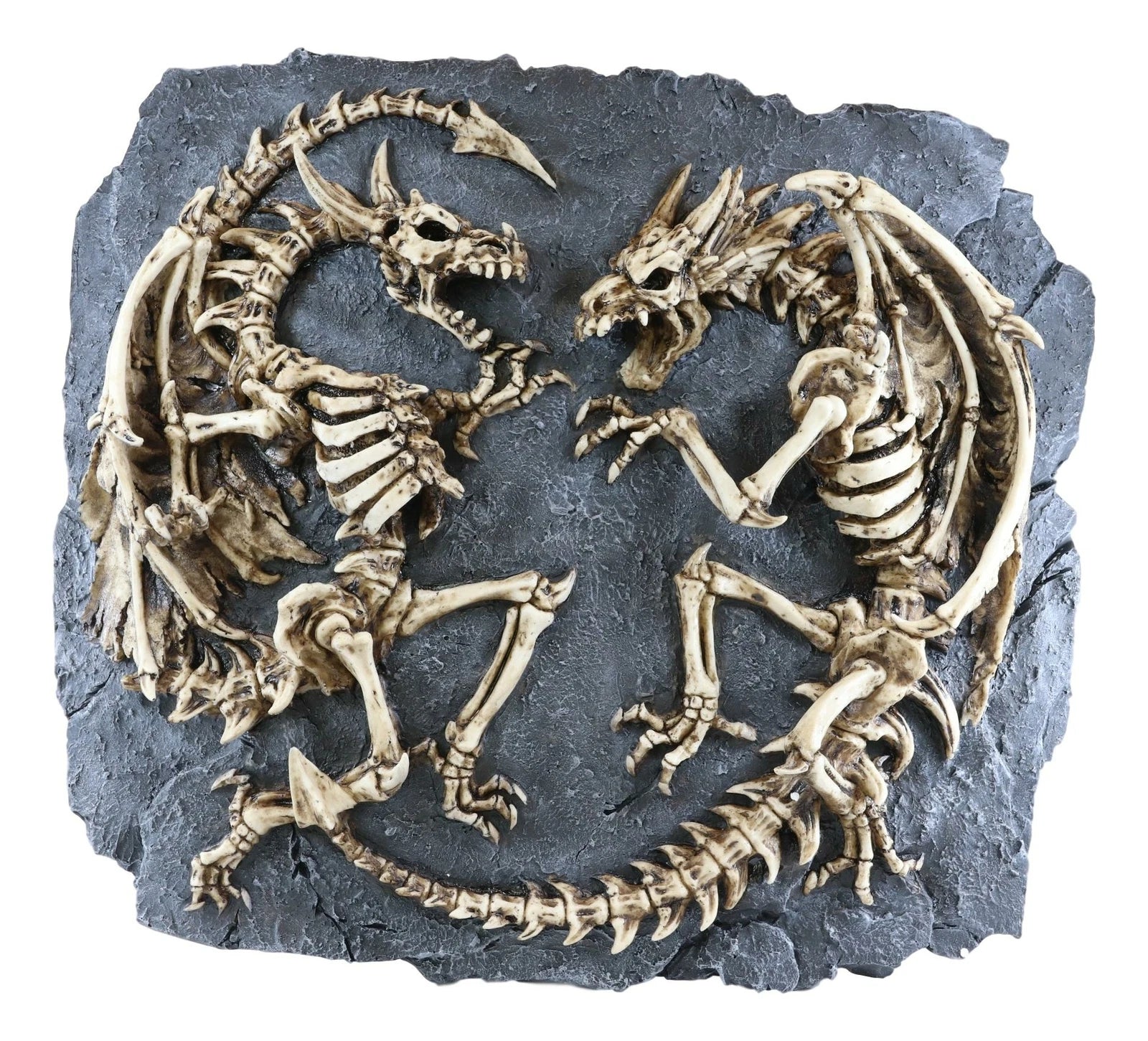 Faux Fossil Rock Block With 2 Dueling Skeleton Dragons Exotic Wall Decor Plaque-7