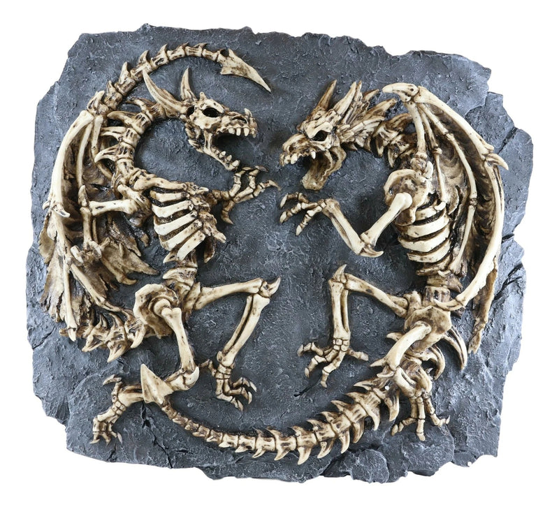 Faux Fossil Rock Block With 2 Dueling Skeleton Dragons Exotic Wall Decor Plaque-7