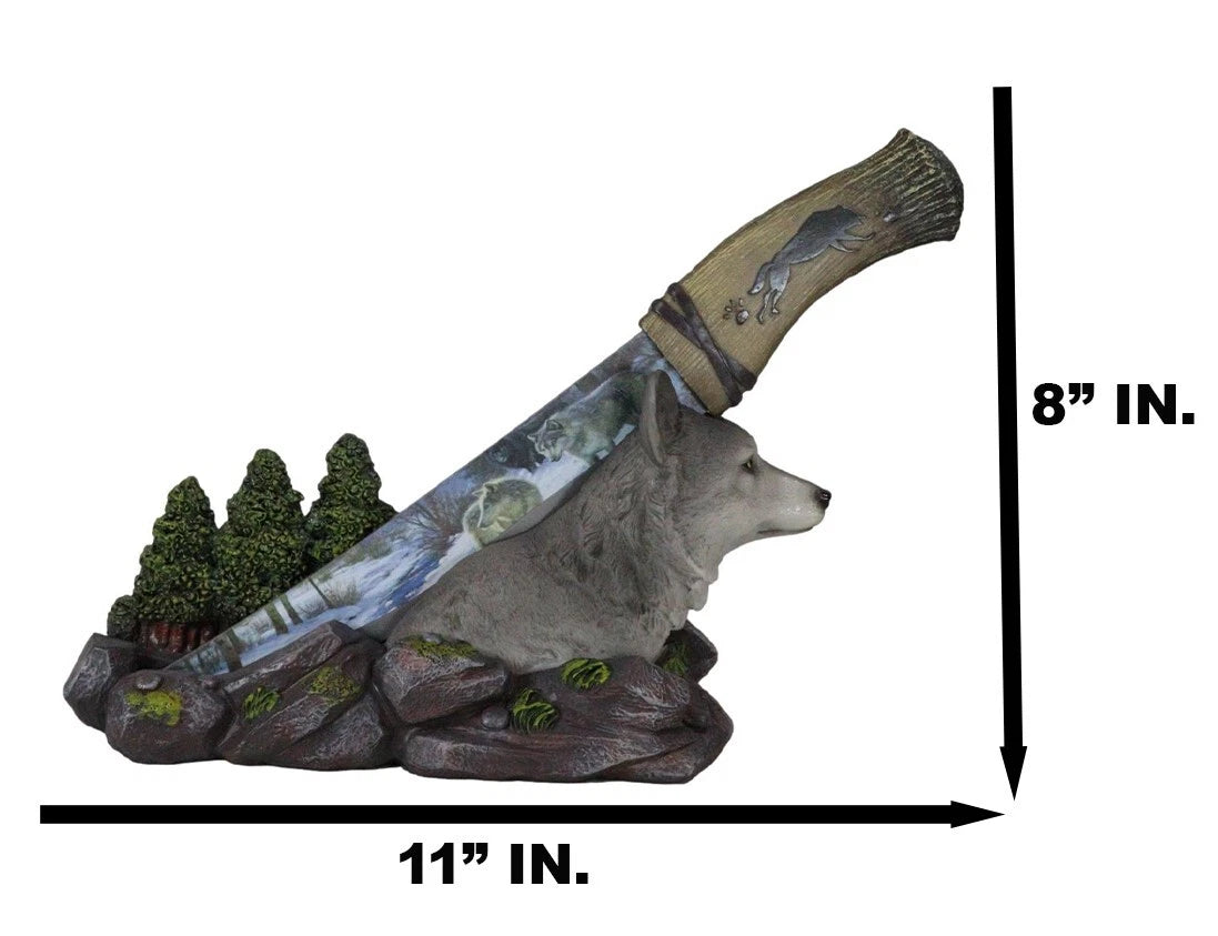 Gray Wolf In Forest Centerpiece With Hunting Knife Letter Opener Statue-10