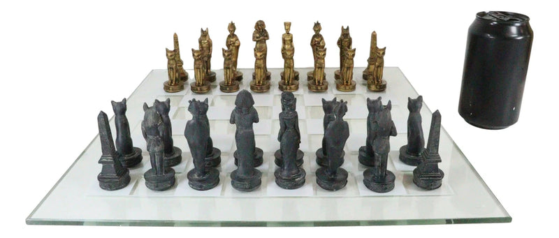 Egyptian Gods Monuments King Tut & Nefertiti Chess Pieces Glass Board Set-6