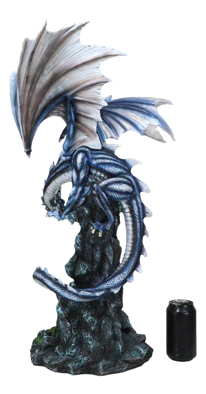 Large Blue Zirconia Rogue Storm Dragon Hovering Over Cliff Rock Waterfall Statue-8