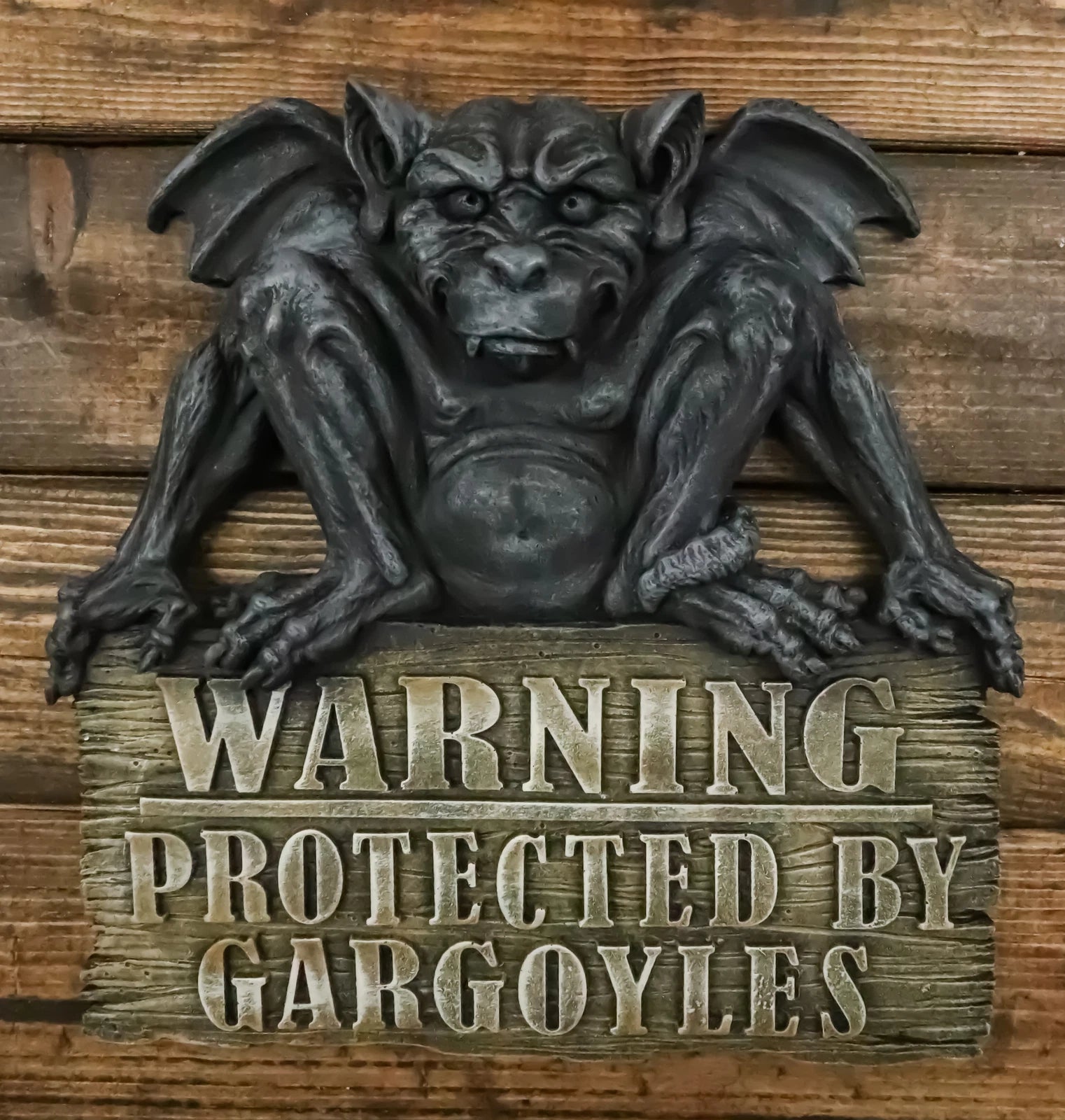 Gothic Winged Gargoyle On Warning Protected By Gargoyles Sign Wall Decor Plaque-1
