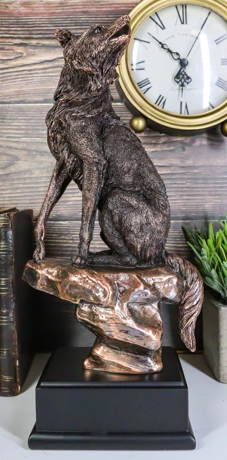 Rustic Moon Howling Alpha Wolf Sitting On Rocky Cliff Figurine With Trophy Base-1