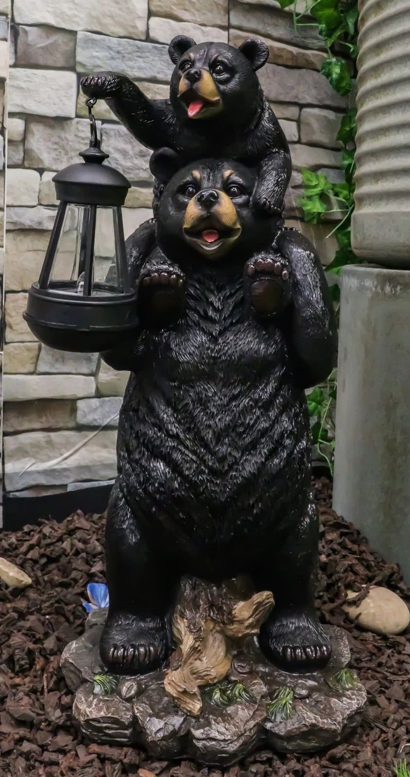 Rustic Black Bear Carrying Cub On Shoulder Statue Solar LED Lantern Light Decor-10