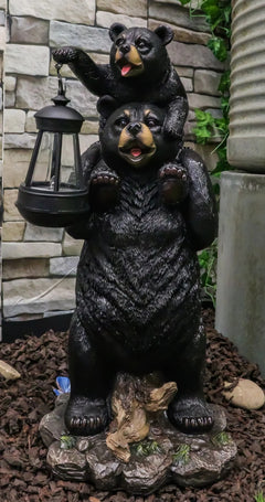 Rustic Black Bear Carrying Cub On Shoulder Statue Solar LED Lantern Light Decor-10