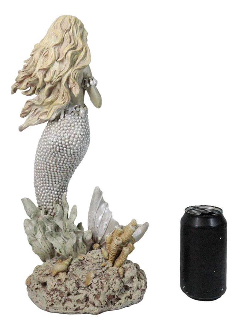 Marine Vintaged Pearly White Ariel Mermaid Sitting On Sea Rock Figurine 16" H-7