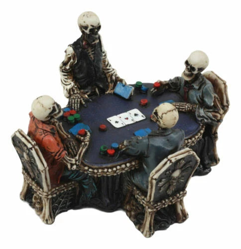 Skeleton Gamblers 6.25"L Three Poker Players With A Dealer Sculpture-6