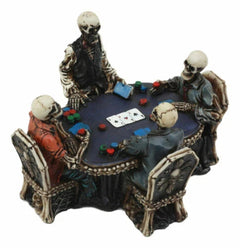 Skeleton Gamblers 6.25"L Three Poker Players With A Dealer Sculpture-6