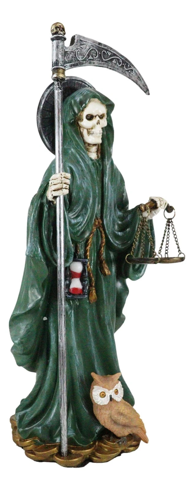 Standing Green Santa Muerte With Scythe Scales of Justice And Wise Owl Figurine-7