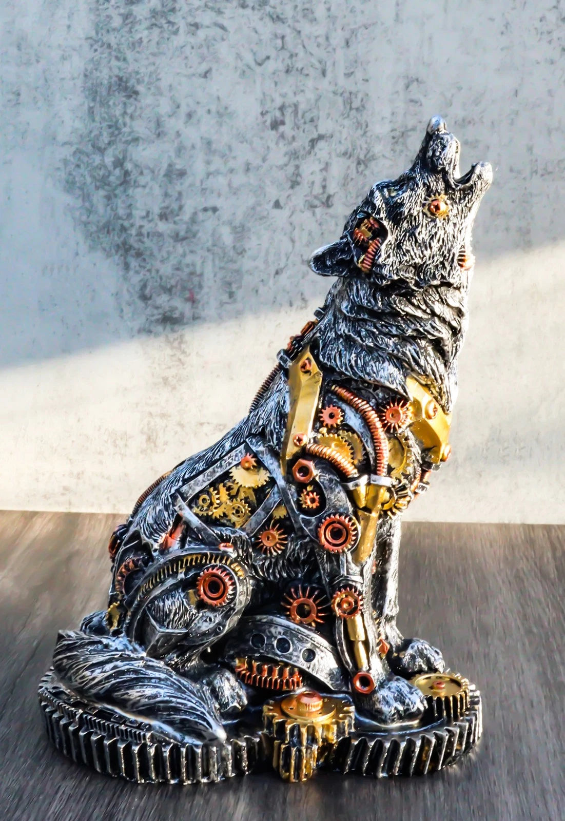 Steampunk Silver Alpha Wolf Howling Statue with Gears Base 7.5"H Figurine-8
