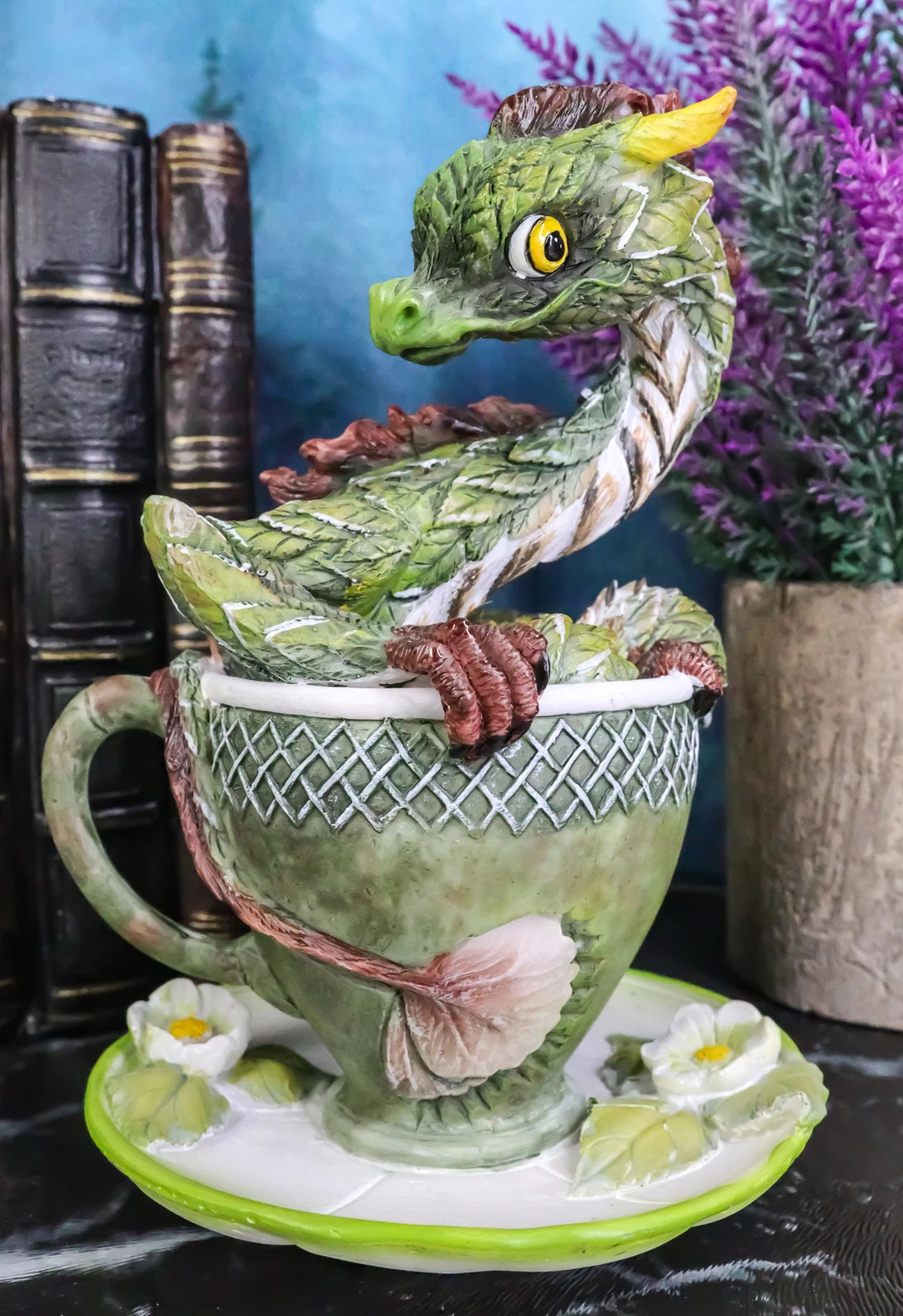 Fantasy English Green Tea Leaves And Flowers Dragon In Teacup & Saucer Figurine-1