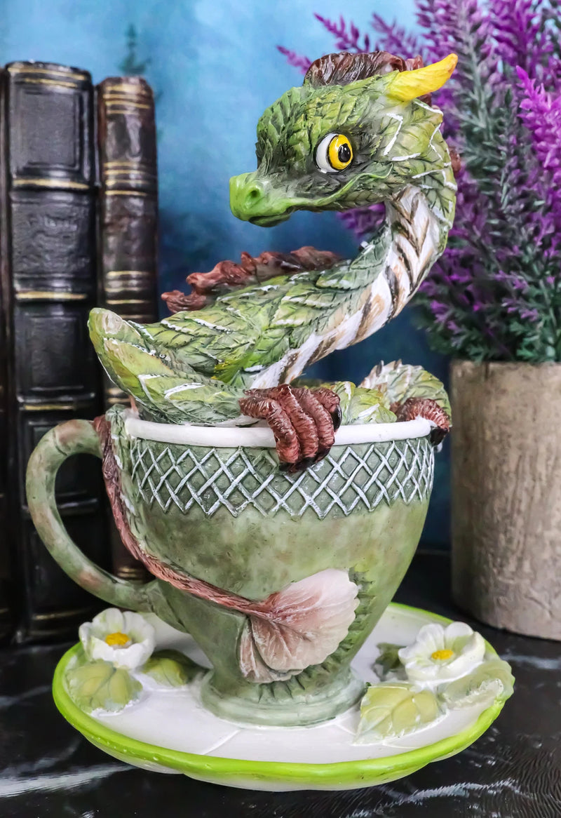 Fantasy English Green Tea Leaves And Flowers Dragon In Teacup & Saucer Figurine-1