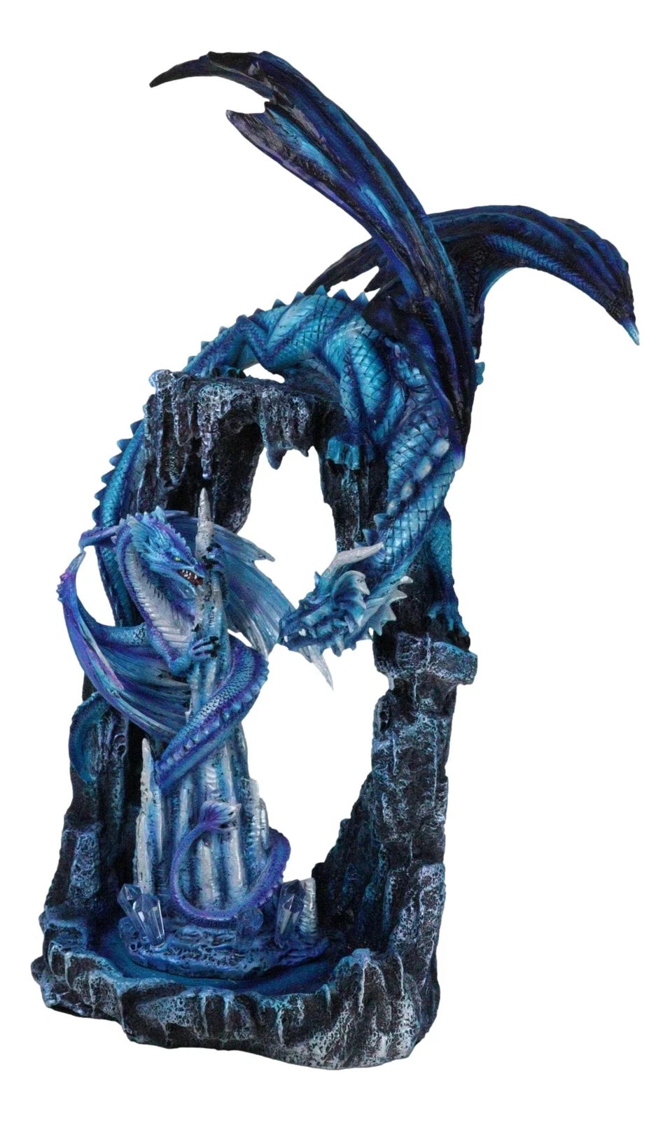 20"H Large Blue Frozen Dragon On Arch With Wyrmling By Ice Stalagmite Statue-11