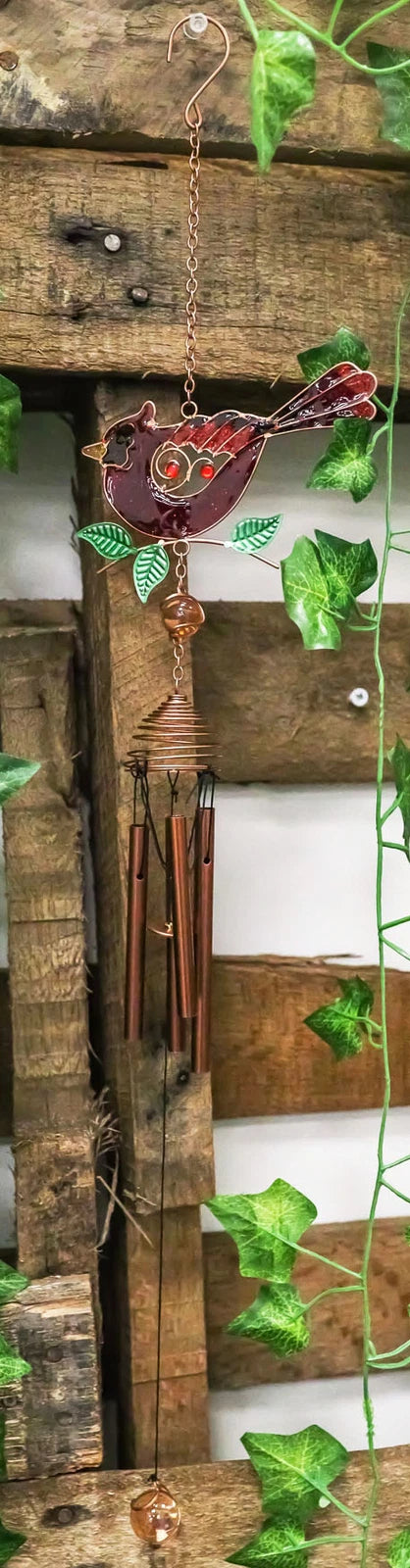 Stained Glass Red Cardinal Bird On Twig Copper Metal Wind Chime 24"Long