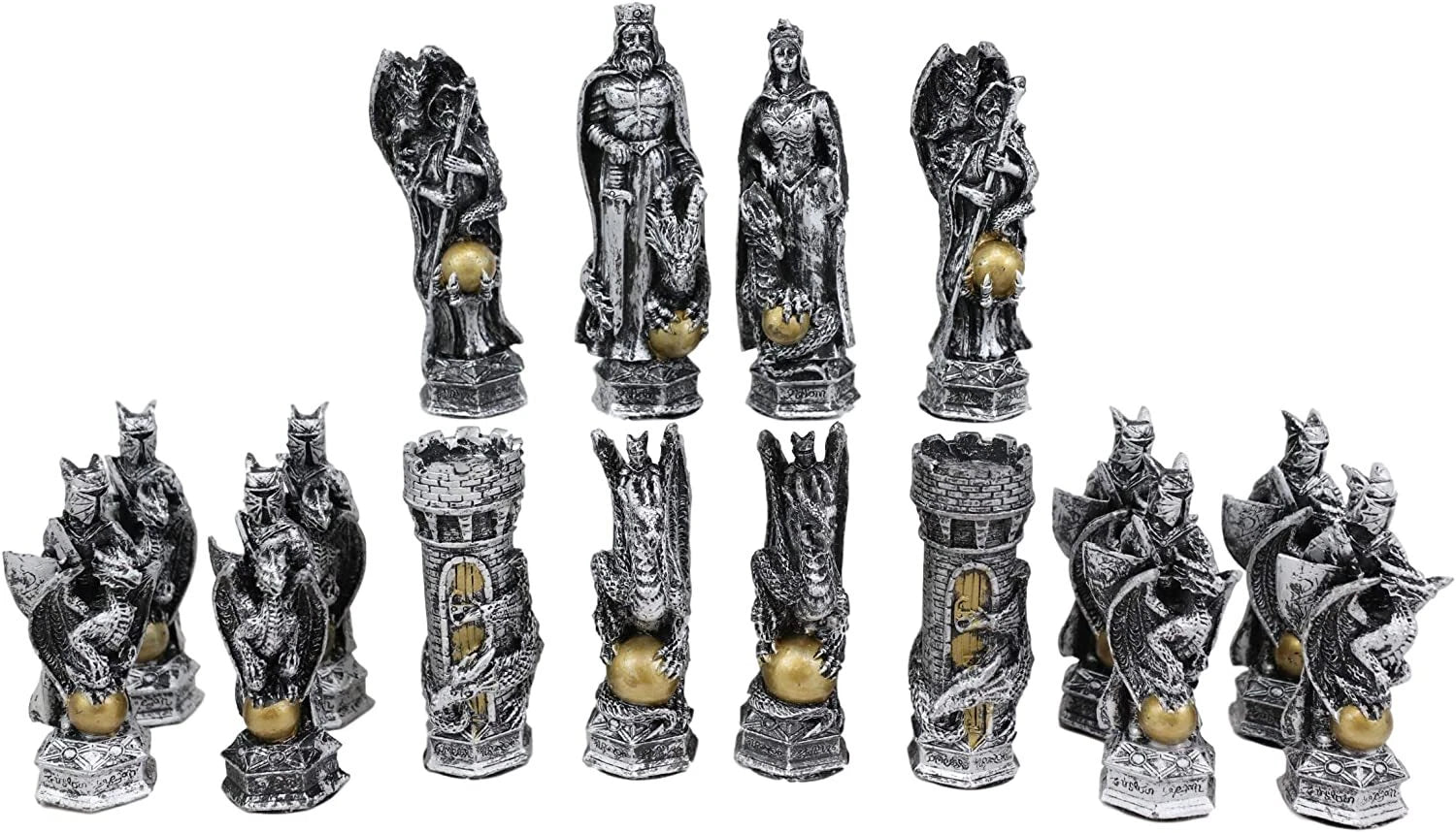 Silver and Gold King Arthur Merlin Dragons Chess Pieces with Board Set-9