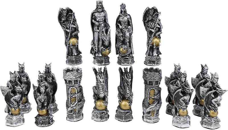Silver and Gold King Arthur Merlin Dragons Chess Pieces with Board Set-9