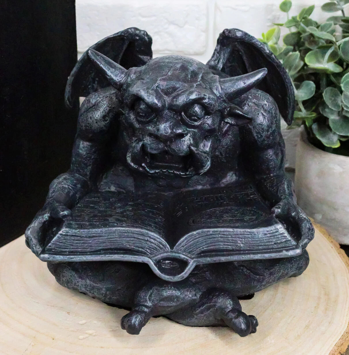 Notre Dame Horned Gargoyle With Spell Book Statue Demonic Bibliography Watchman