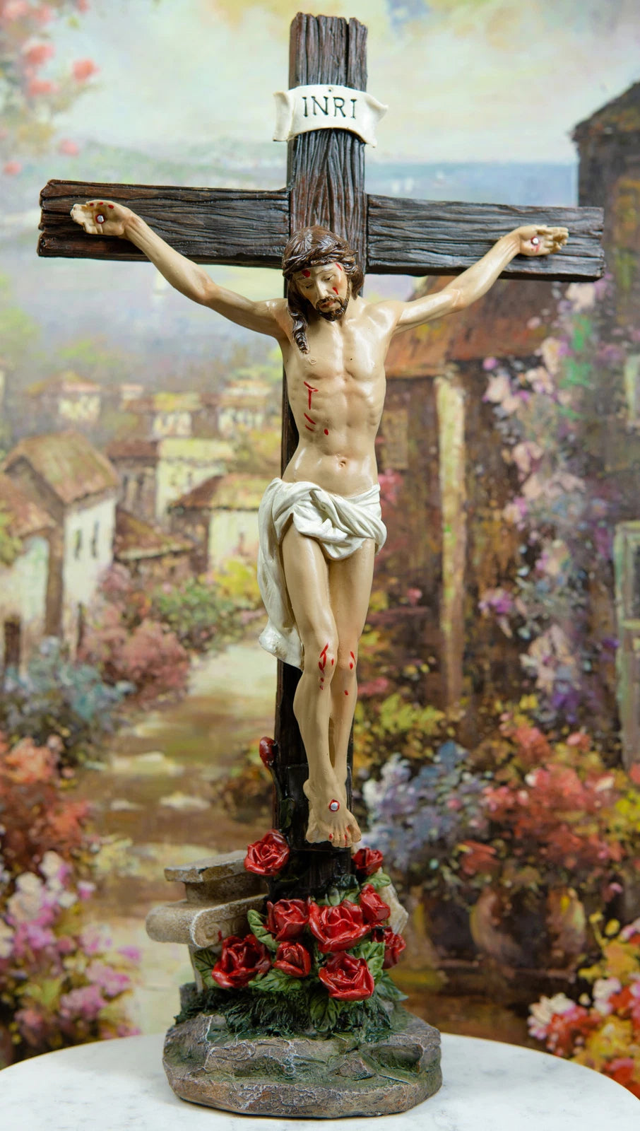 Jesus Christ On Cross W/ Rose of Sharon Base Decorative Crucifix Statue-1