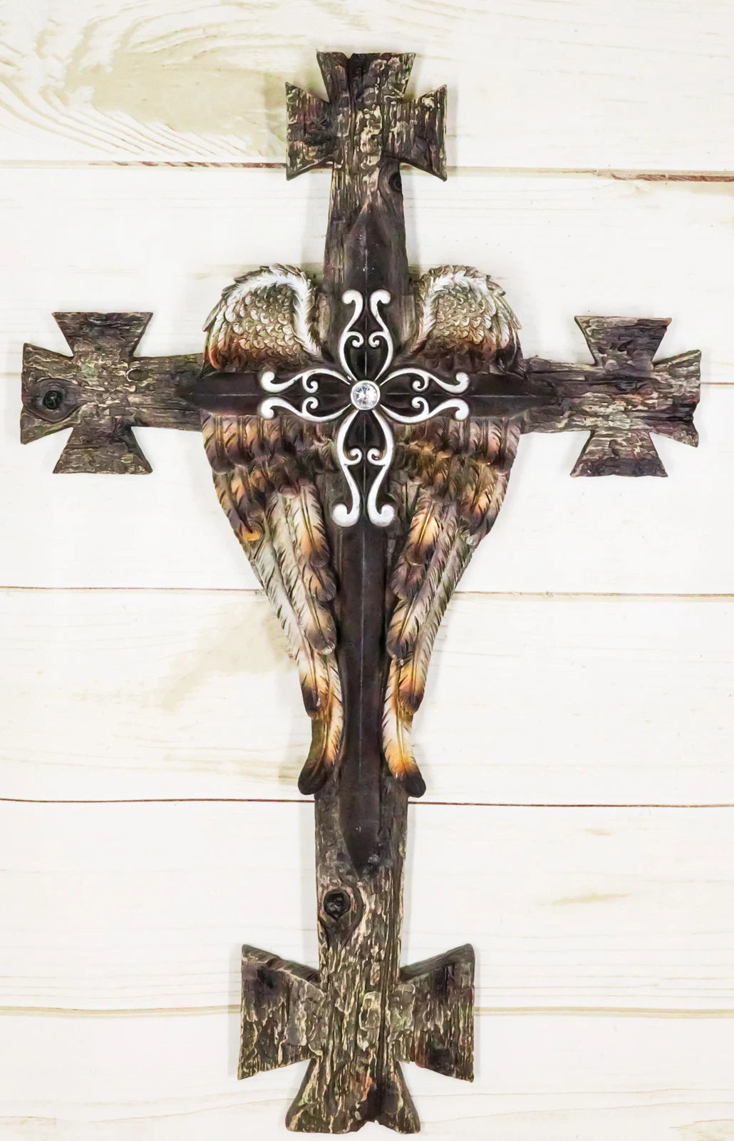 Black Biker Iron Cross With Angel Wings Layered Faux Wooden Wall Cross Plaque-1