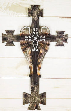 Black Biker Iron Cross With Angel Wings Layered Faux Wooden Wall Cross Plaque-1