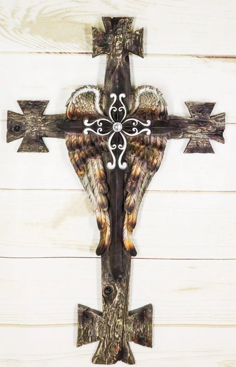 Black Biker Iron Cross With Angel Wings Layered Faux Wooden Wall Cross Plaque-1