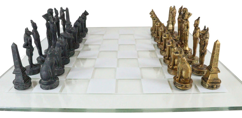 Egyptian Gods Monuments King Tut & Nefertiti Chess Pieces Glass Board Set-7