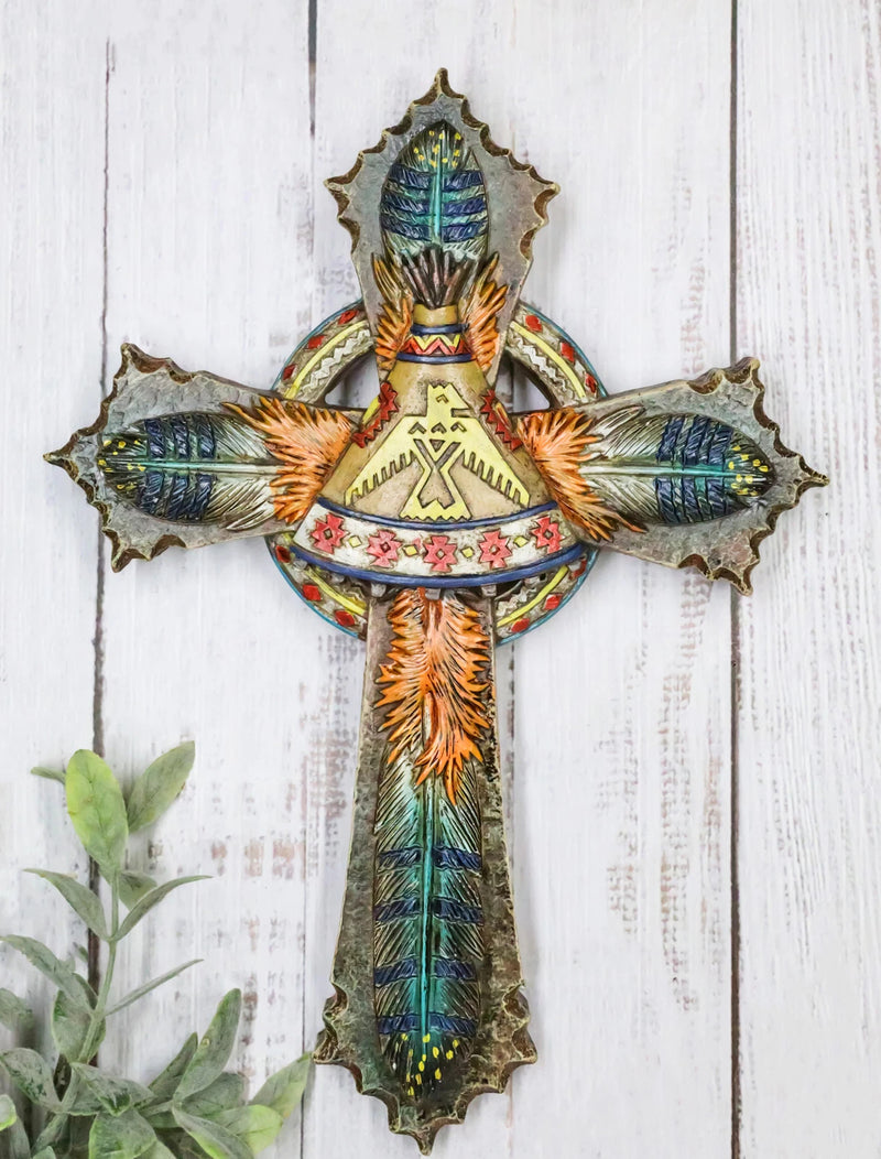 Southwestern Indian Feathers Teepee Sacred Eagle Faux Wooden Rustic Wall Cross-1