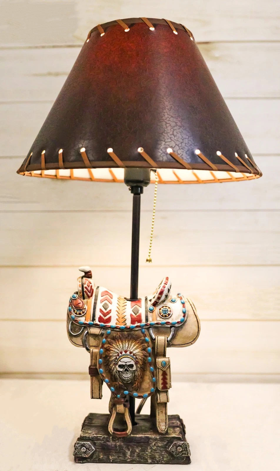 Southwestern Navajo Indian Chief Skull Headdress Cowboy Horse Saddle Table Lamp-1