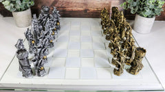 Silver and Gold King Arthur Merlin Dragons Chess Pieces with Board Set-7