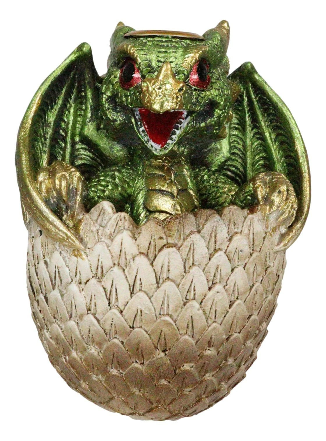 Green Wyrmling Baby Dragon On Golden Egg Backflow Incense Cone Burner Figurine-7