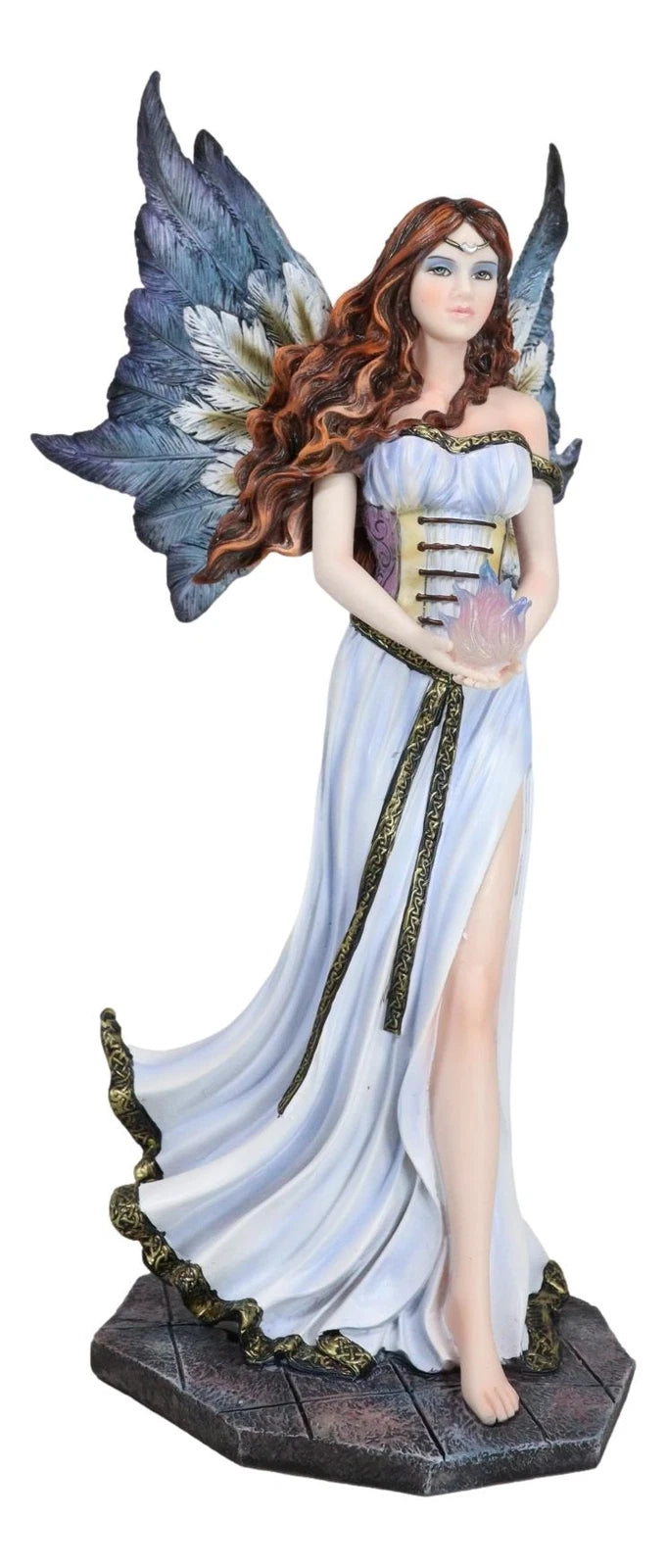 Enchanted Fantasy Damsel Fairy In White Corset Gown Holding Blue Flame Figurine-8