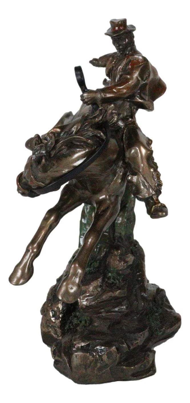 Rustic Western Rodeo Cowboy Riding On Galloping Wild Mustang Horse Figurine-8