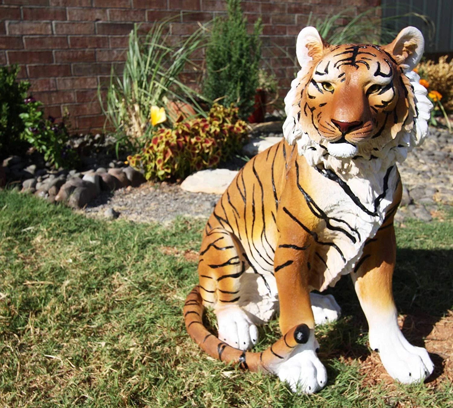 20"Tall Orange Bengal Tiger Raja Sitting On Guard Decorative Garden Statue-10