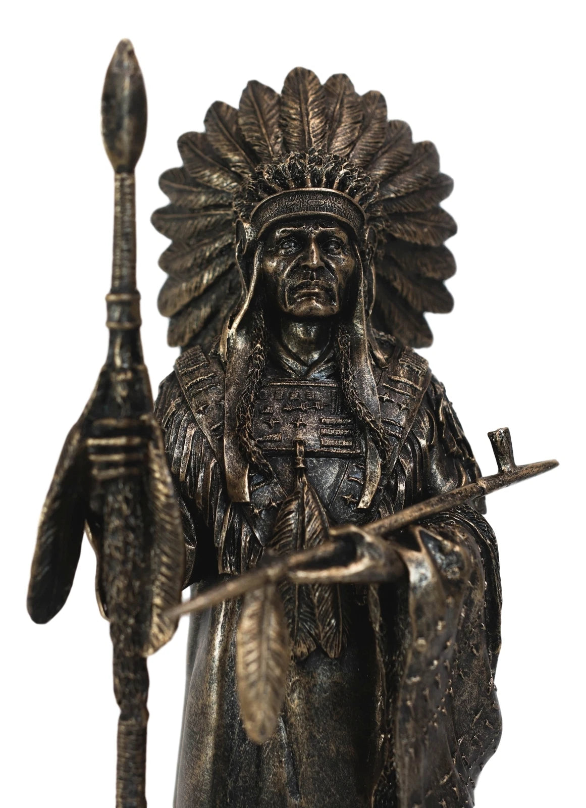 Native American Indian Chief With Eagle Roach Spear And Chalumet Pipe Statue-7