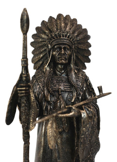 Native American Indian Chief With Eagle Roach Spear And Chalumet Pipe Statue-7